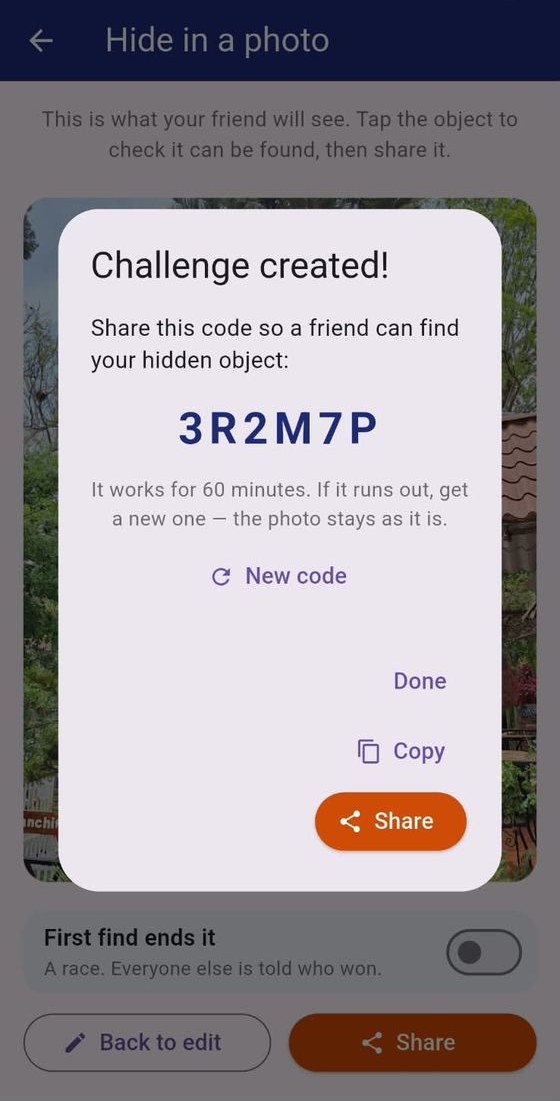 The screen showing a six-character challenge code ready to share